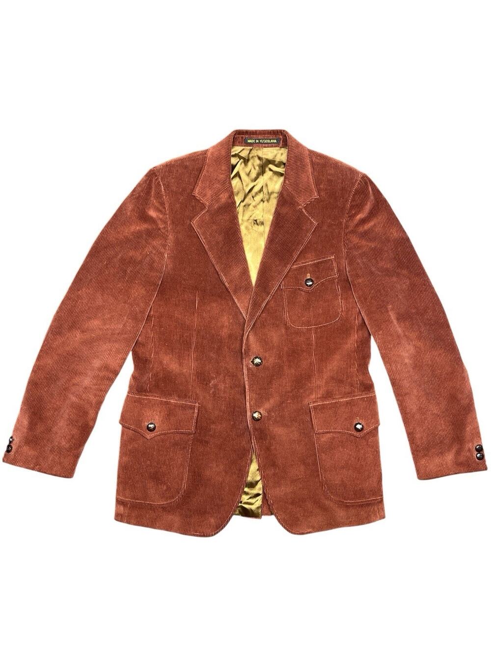 Vintage Trumpeter Burnt Orange Corduroy Blazer 42R Wood Buttons Yugoslavia